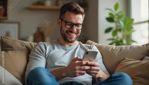 A happy, relaxed young man sitting on the couch and using his cell phone