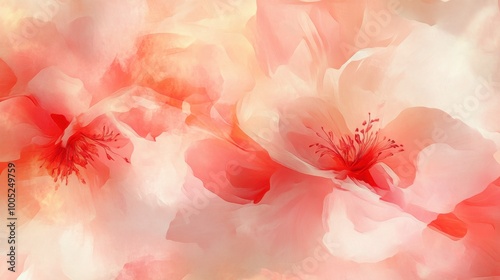 Abstract Watercolor Floral Background with Delicate Pink and Red Flowers.