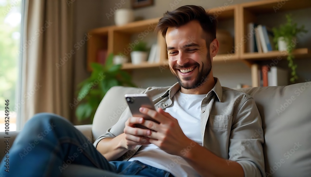 A happy, relaxed young man sitting on the couch and using his cell phone A happy, relaxed young man sitting on the couch and using his cell phone
