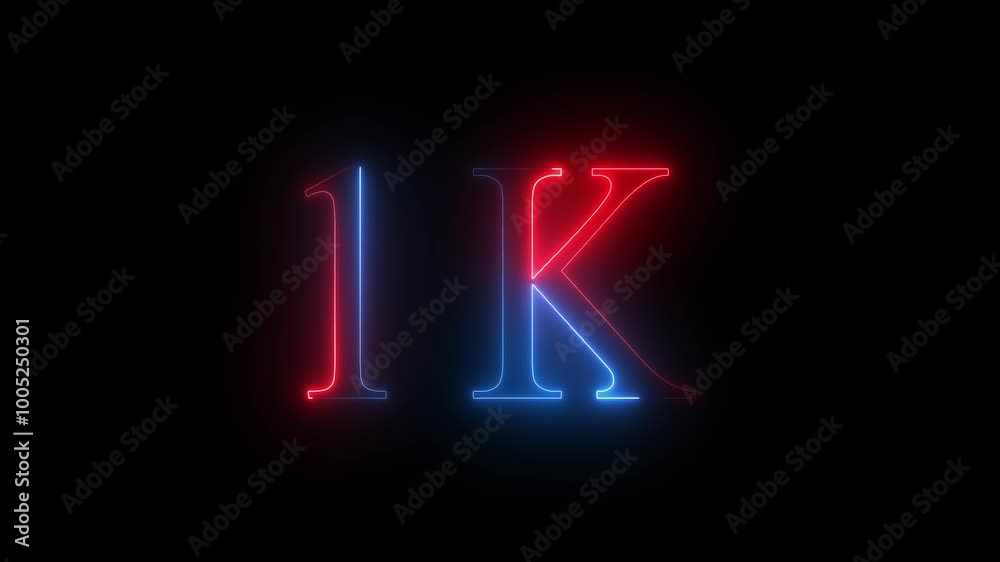 Abstract Glowing Neon Light 1K Letter Icon Animation on black background 4K Video