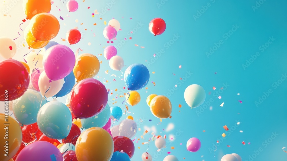Colorful Balloons Floating in the Sky with Confetti - Celebration, Party, Birthday, Festive Background Colorful Balloons Floating in the Sky with Confetti - Celebration, Party, Birthday, Festive Background