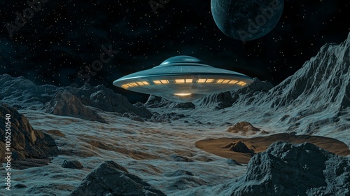 Vintage Saucer Shaped UFO 3D Render in Space Environment photo