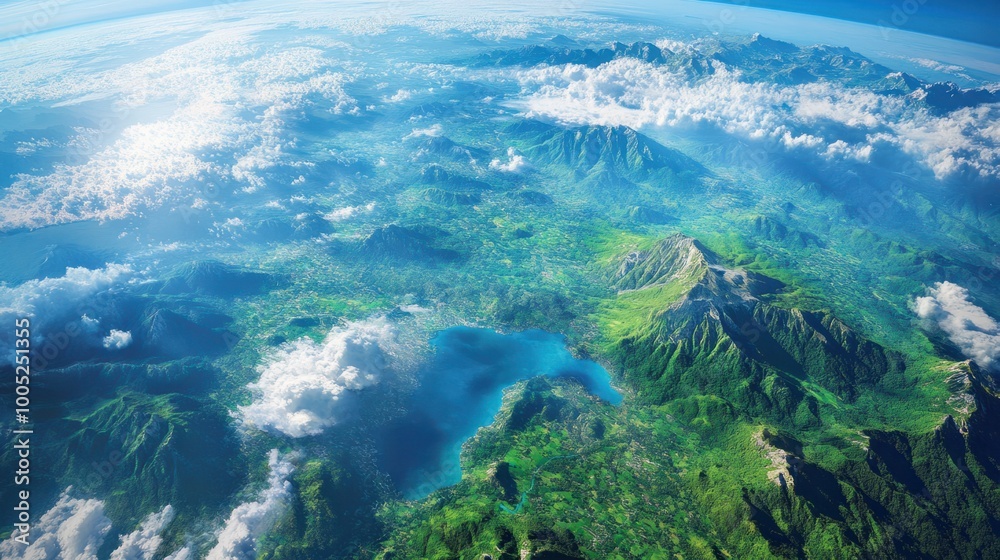 Earth surface showing vibrant green forests, blue seas, and white clouds, with mountain ranges visible from space Earth surface showing vibrant green forests, blue seas, and white clouds, with mountain ranges visible from space