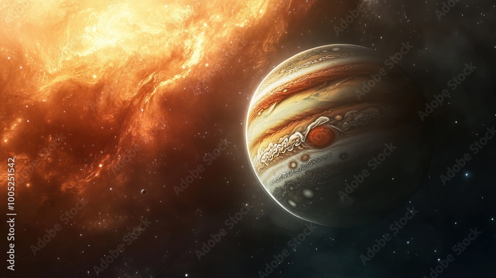 Jupiter from space, with its massive size and colorful gas bands swirling across the atmosphere, illuminated by the distant Sun Jupiter from space, with its massive size and colorful gas bands swirling across the atmosphere, illuminated by the distant Sun