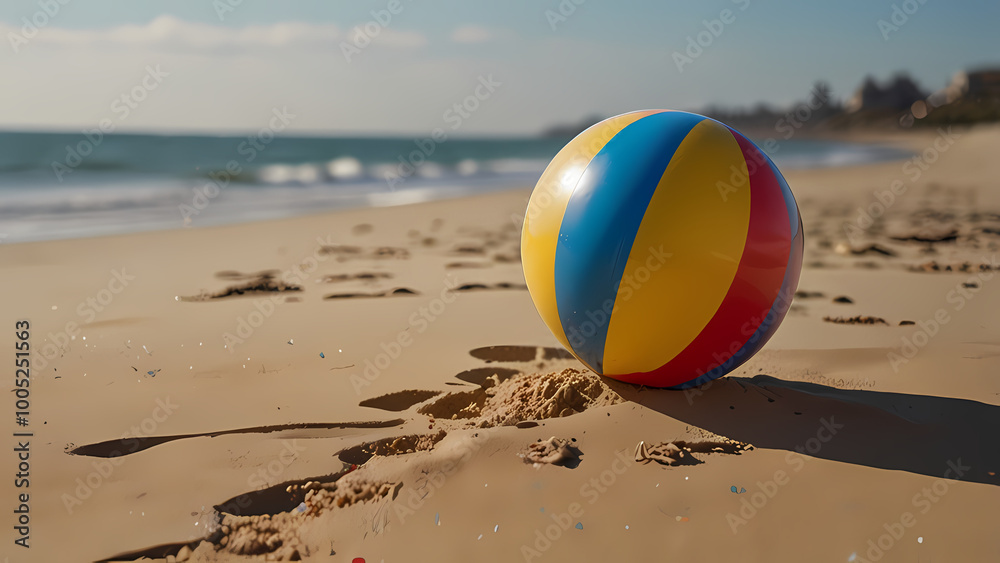a colorful beach ball resting on soft, golden beach sand a colorful beach ball resting on soft, golden beach sand