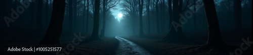 360 degree, dark forest path illuminated by the moon, with ghostly apparitions floating. HDRI spherical panorama.