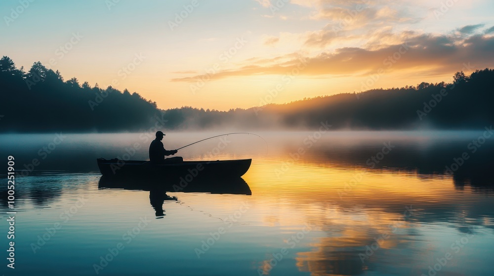 Silhouette of a Fisherman in a Rowboat on a Misty Lake at Sunrise.