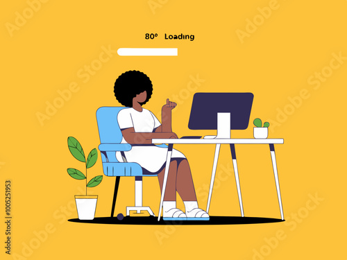 Woman at Desk with Computer and Loading Screen