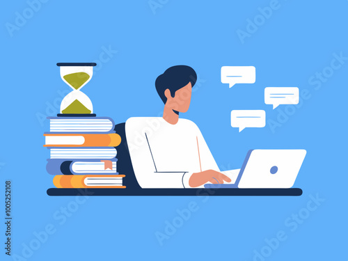 Person working on laptop with books and hourglass