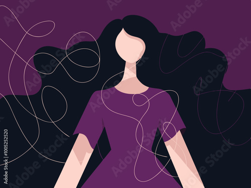 Abstract Woman with Flowing Hair on Purple Background