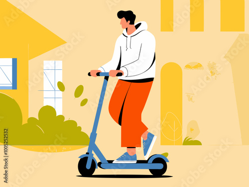 Person riding electric scooter in suburban neighborhood