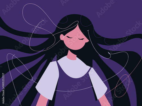 Illustration of a girl with long flowing hair on a purple background