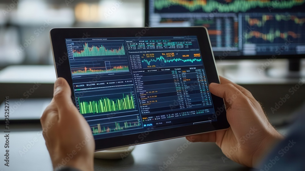 Hands holding a tablet with real-time financial diversification data, various markets on screen, digital finance, investment diversification Hands holding a tablet with real-time financial diversification data, various markets on screen, digital finance, investment diversification