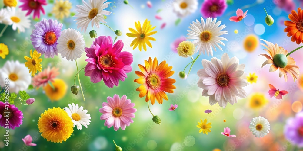 Background with colorful flowers flying in the air, flowers, flying, movement, petals, bright, colorful, bloom, beauty, spring Background with colorful flowers flying in the air, flowers, flying, movement, petals, bright, colorful, bloom, beauty, spring