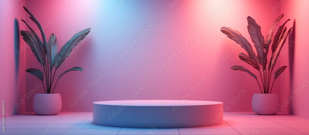 Minimalist studio with pink and blue lighting, a round white podium, and two potted plants, one on each side. Minimalist studio with pink and blue lighting, a round white podium, and two potted plants, one on each side.