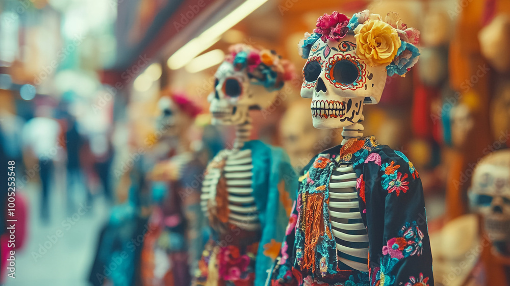 Colorful skeletons celebrate Day of the Dead in a vibrant market during festive preparations