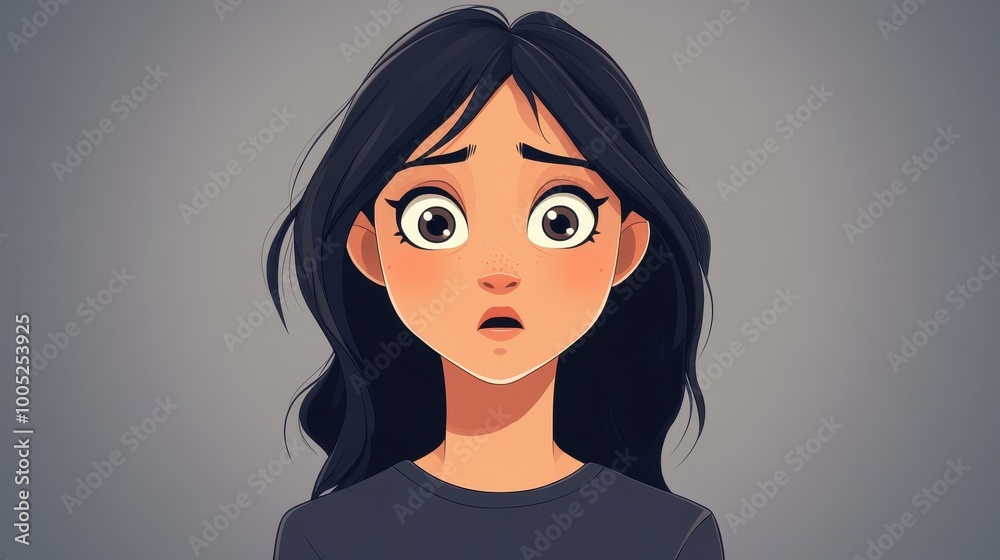 A cartoon woman with wide eyes and a frown, showing her deep disappointment in a colorful world around her. A cartoon woman with wide eyes and a frown, showing her deep disappointment in a colorful world around her.