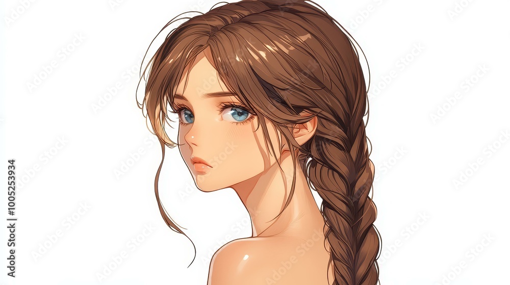 A stunning illustration of a young woman, her long hair elegantly braided, embodying beauty and grace. A stunning illustration of a young woman, her long hair elegantly braided, embodying beauty and grace.