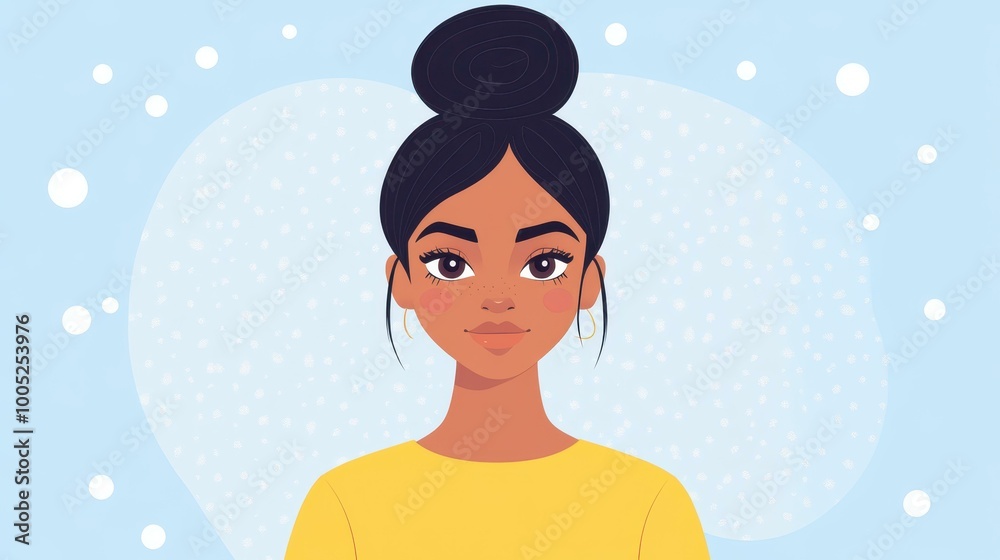 Stylish flat character design featuring an African American girl with a trendy bun hairstyle. Perfect for animations and avatars Stylish flat character design featuring an African American girl with a trendy bun hairstyle. Perfect for animations and avatars