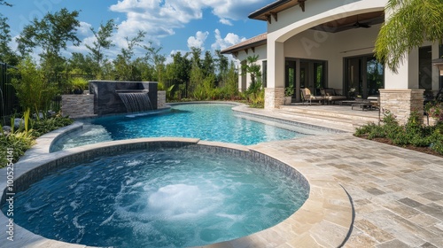 Luxury backyard with a modern swimming pool and hot tub surrounded by a lush garden and a spacious patio area on a sunny day. photo