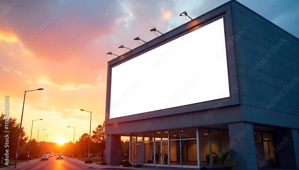 A modern building facade with a blank billboard at dusk