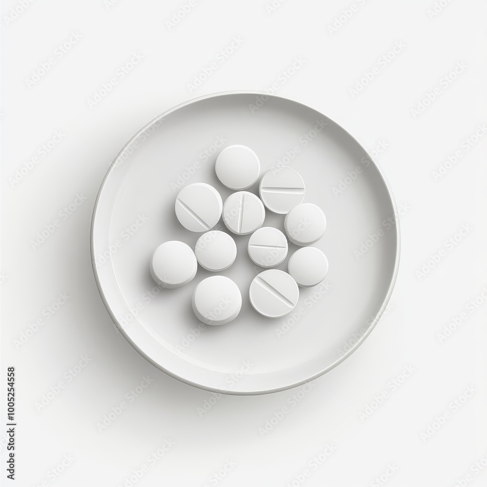 Minimalist composition of white pills on a white plate, creating a monochromatic and clean look suitable for medical and pharmaceutical themes. Minimalist composition of white pills on a white plate, creating a monochromatic and clean look suitable for medical and pharmaceutical themes.