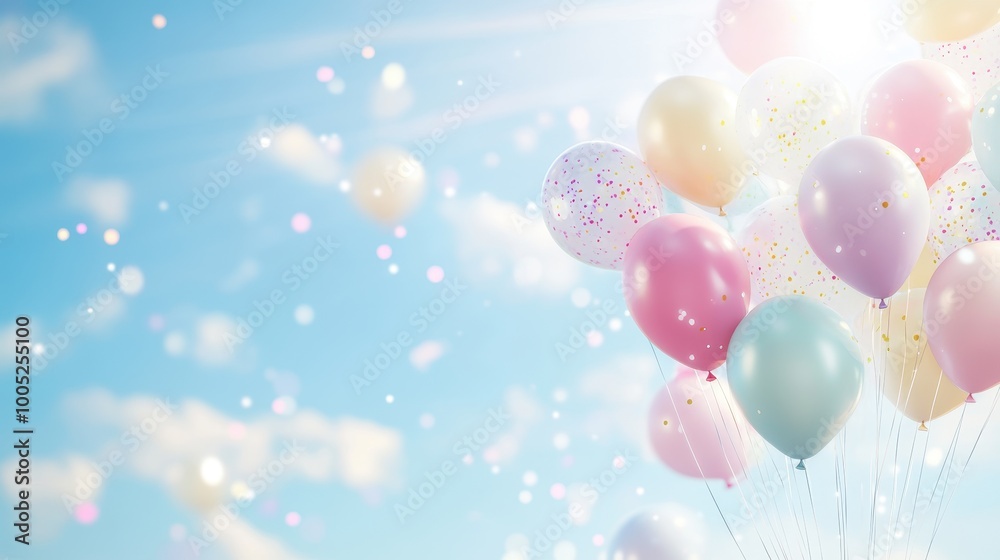 Colorful Balloons with Confetti Floating in the Sky - Birthday, Party, Celebration Stock Photo. Colorful Balloons with Confetti Floating in the Sky - Birthday, Party, Celebration Stock Photo.
