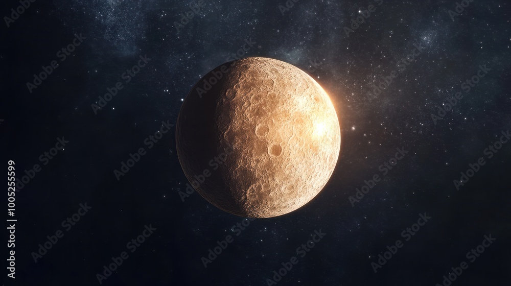 Mercury as seen from space, the small, rocky planet orbiting near the Sun, glowing faintly against the dark sky Mercury as seen from space, the small, rocky planet orbiting near the Sun, glowing faintly against the dark sky