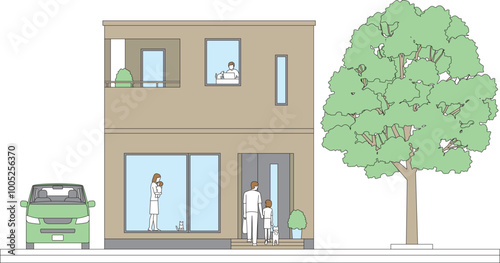 住宅の外観と親子家族と自家用車がある風景のイラスト