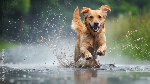 A dog playfully running in the rain, splashing through puddles with a joyful expression.