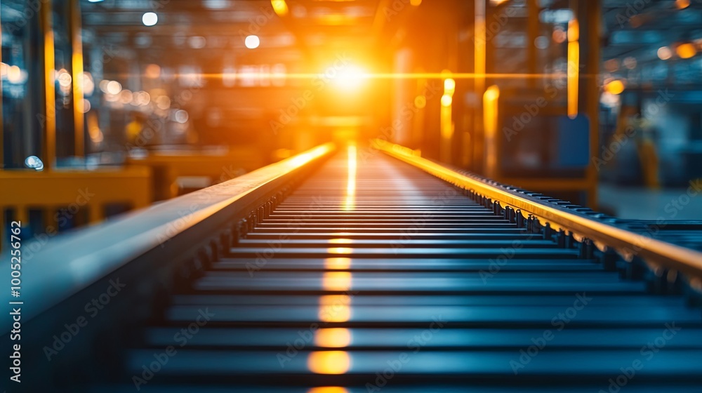 Industrial conveyor belt illuminated by sunset in factory setting Industrial conveyor belt illuminated by sunset in factory setting