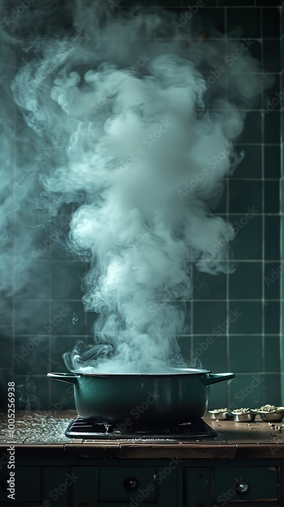 Steam Rising From a Boiling Pot in a Kitchen Steam Rising From a Boiling Pot in a Kitchen