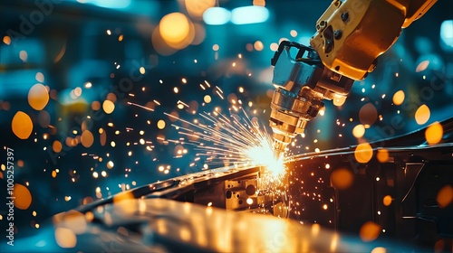 Industrial robotic arm welding with sparks in a factory setting