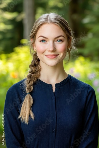 A halfelf mage with turquoise eyes and braided blonde hair dazzles in navy robes, casting spells in a lush forest. photo