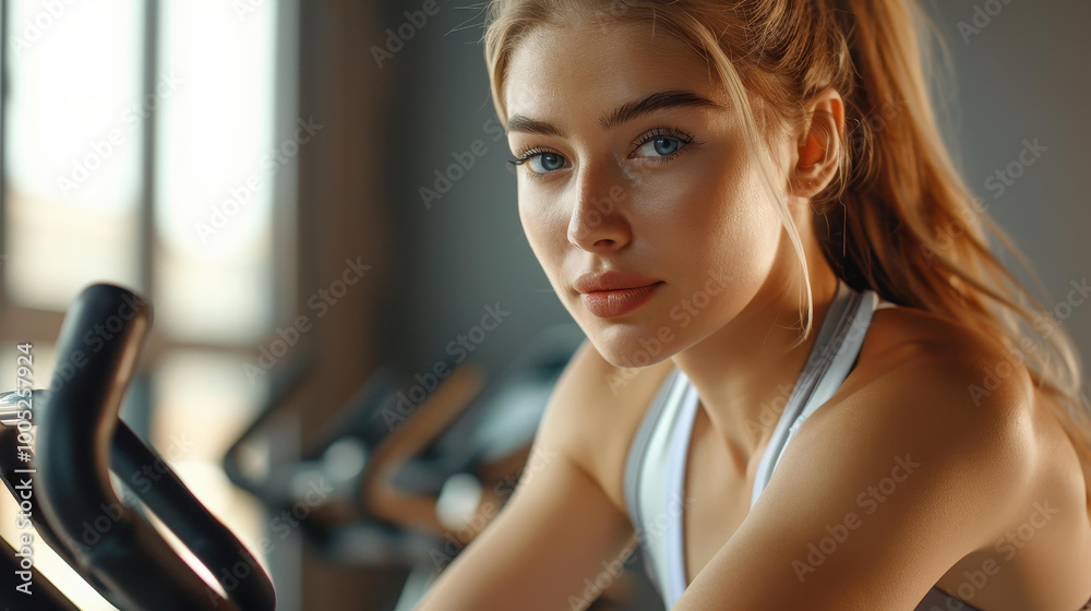 Young sportswoman with long hair rides stationary bike during intense cycling training in the gym. Young sportswoman with long hair rides stationary bike during intense cycling training in the gym.