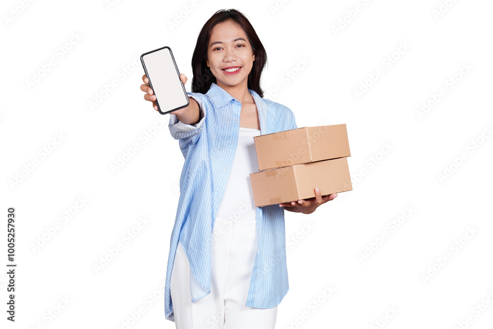 Asian woman holding boxed package while showing phone screen mockup isolated transparent Asian woman holding boxed package while showing phone screen mockup isolated transparent