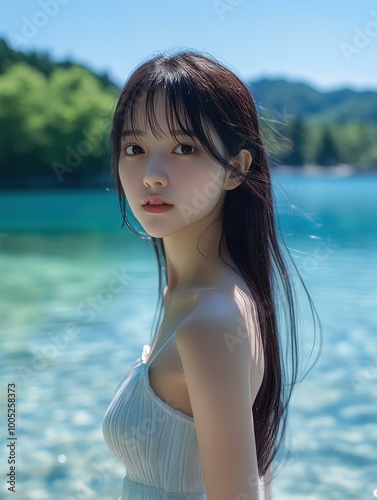 A young girl in a short skirt and long hair poses by a serene lake, surrounded by lush trees and vibrant summer colors.