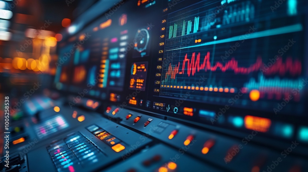 Closeup of a control panel with data and graphs on a screen.