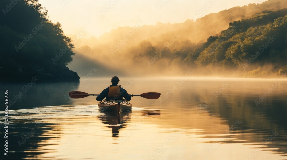 A lone kayaker paddles through a misty lake at sunrise, surrounded by lush greenery and golden light. A lone kayaker paddles through a misty lake at sunrise, surrounded by lush greenery and golden light.