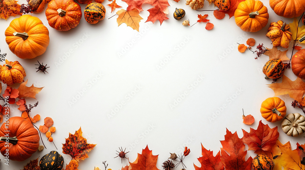 Fototapeta premium Minimalist Halloween Decorations with Pumpkins on an white Background, Featuring a Large Blank Space in the Center for Text or Graphics