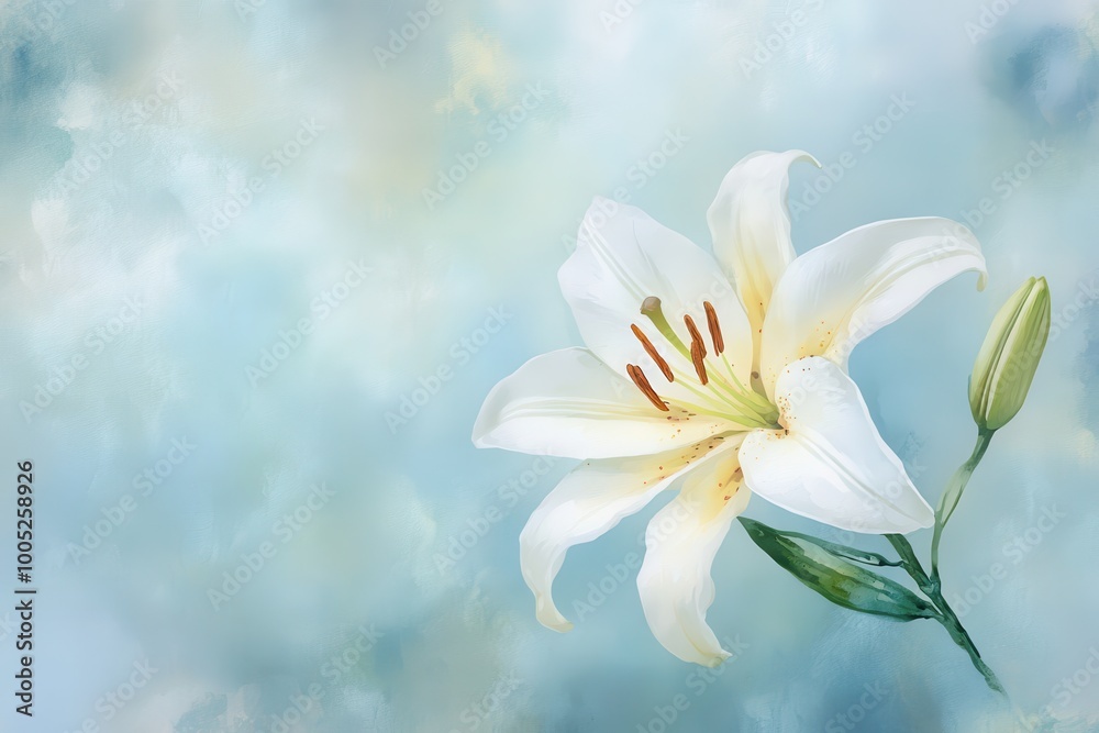 White Lily Flower with Bud on Light Blue Watercolor Background - Elegant Floral Design. White Lily Flower with Bud on Light Blue Watercolor Background - Elegant Floral Design.