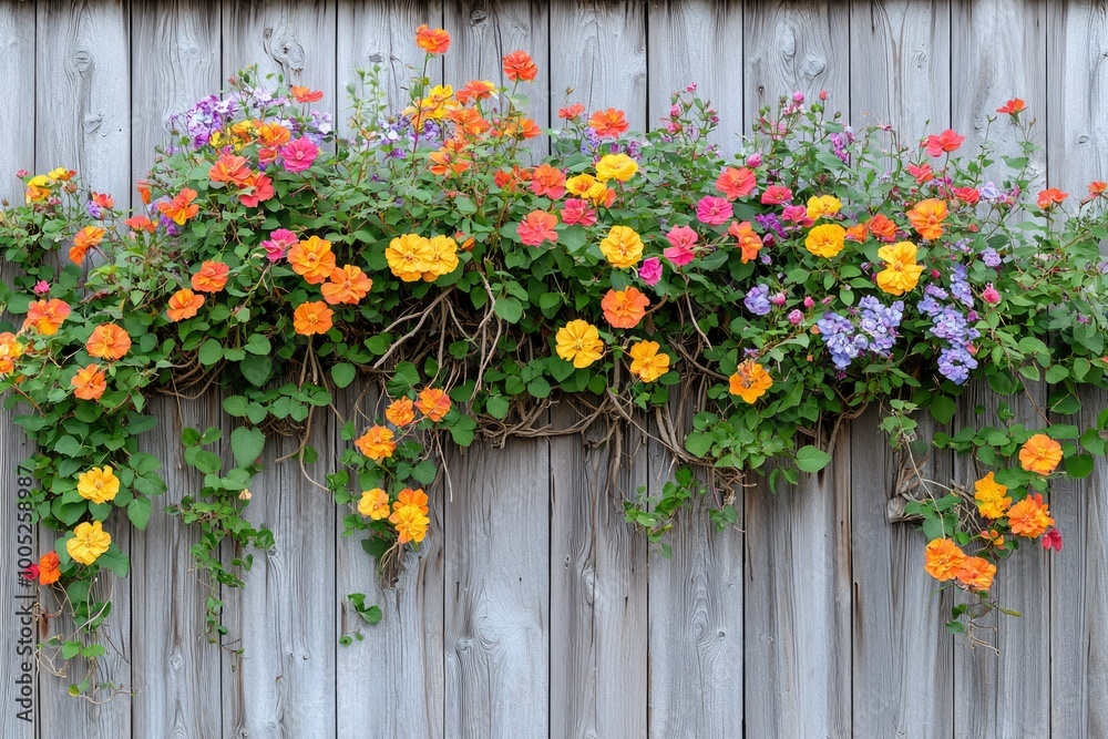 Fototapeta premium Colorful Flowers Blooming Over a Wooden Fence