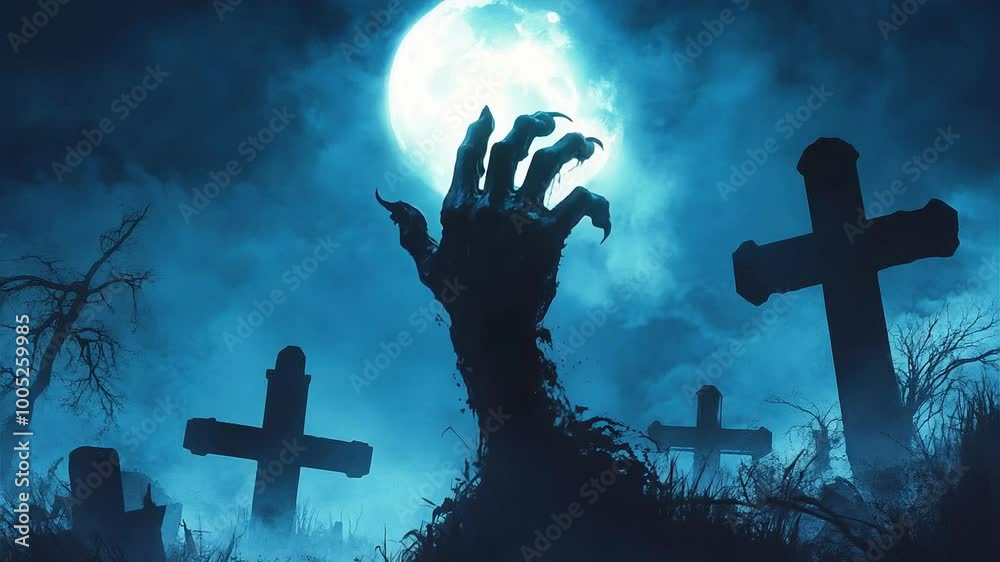 Zombie Hand Rising in Moonlit Graveyard - Eerie Horror Scene Zombie Hand Rising in Moonlit Graveyard - Eerie Horror Scene