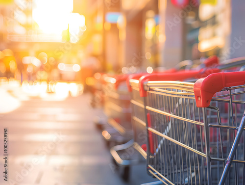 Shopping carts lined up in soft focus, basking in warm sunlight, create vibrant atmosphere. scene evokes sense of anticipation and activity in bustling shopping area