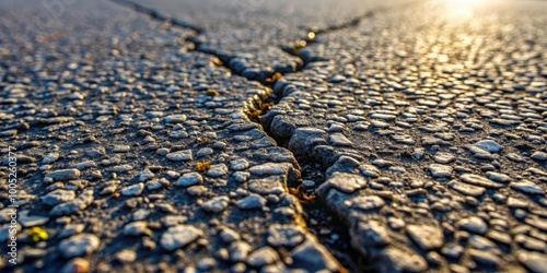 Fototapeta Naklejka Na Ścianę i Meble -  Detailed close-up of textured asphalt surface showing small stones, cracks, and imperfections, asphalt, texture, surface