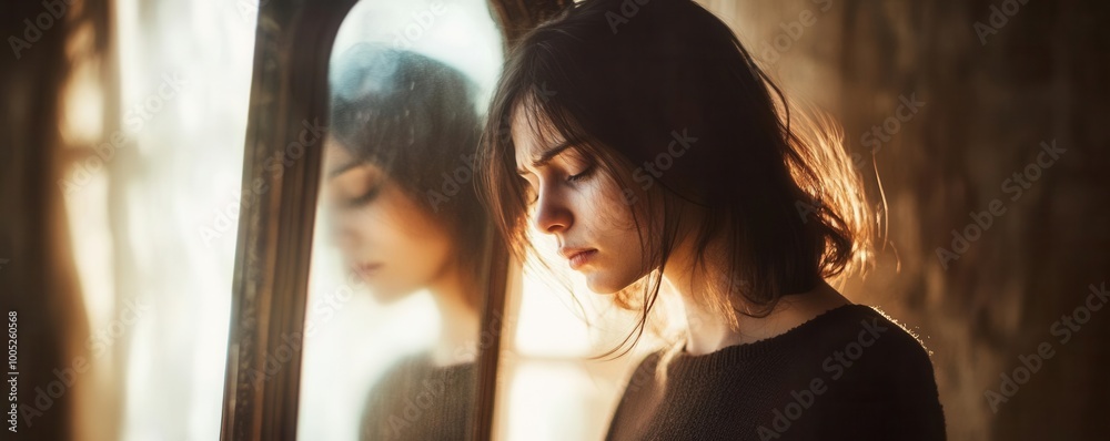 A woman standing in front of an old mirror, her reflection blurred, with a look of sorrow on her face, soft and muted lighting for a somber effect A woman standing in front of an old mirror, her reflection blurred, with a look of sorrow on her face, soft and muted lighting for a somber effect