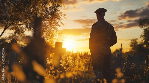 Soldier in uniform standing solemnly cemetery photo