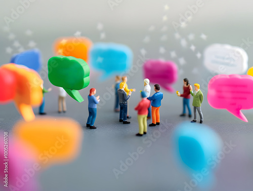 Miniature people figures engaged in conversation surrounded by colorful speech bubbles, creating vibrant scene of communication and interaction
