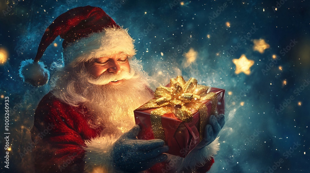 Santa Claus Gazing in Awe at a Glowing Christmas Gift Santa Claus Gazing in Awe at a Glowing Christmas Gift
