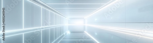 Wallpaper Mural Minimalist 2027 made of thin, glowing lines, hovering above an ultrasmooth reflective floor in a sterile, white, hightech room, soft glowing ambient light Torontodigital.ca